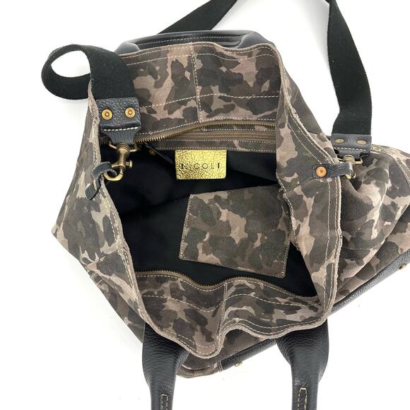 Nicoli Suede and Leather Large Tote Bag Camo Canvas Shoulder Strap - Picture 6 of 8